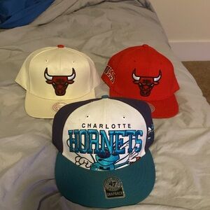 Mitchell and Ness Chicago Bulls Hats 3for 1 and Charolette Hornets
